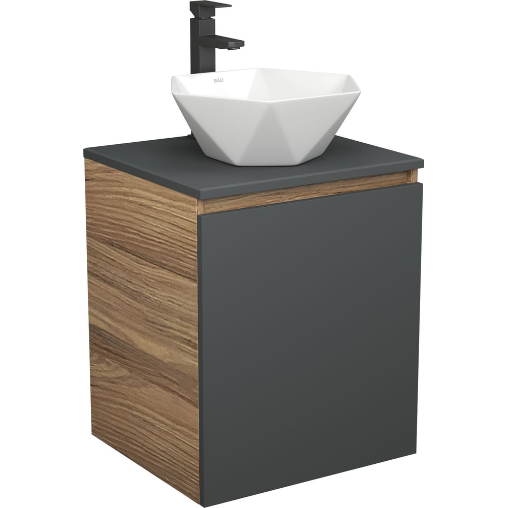 Изображение товара Тумба Bauedge Bau Dream Blackwood 50 графит, раковина BAU Crystal 40х40, смеситель для раковины высокий Hotel Black, черный SD4095 Изображение товара Тумба Bauedge Bau Dream Blackwood 50 графит, раковина BAU Crystal 40х40, смеситель для раковины высокий Hotel Black, черный SD4095