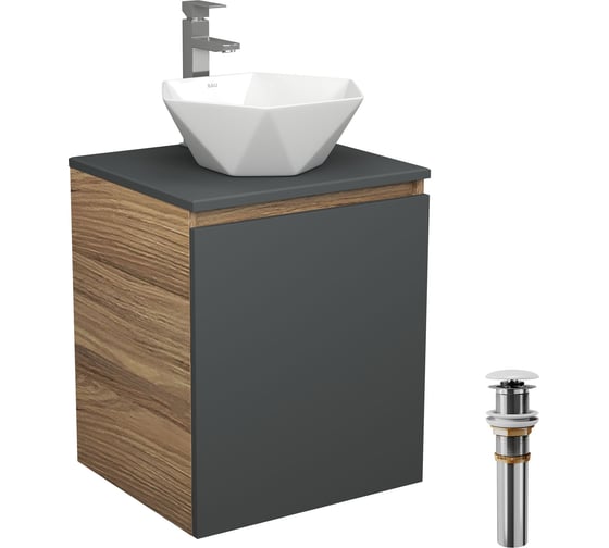 Изображение товара Тумба Bauedge Bau Dream Blackwood 50 графит, раковина BAU Crystal 40х40, смеситель для раковины высокий Hotel Still, нержавеющая сталь, выпуск клик-клак, белый SD4098