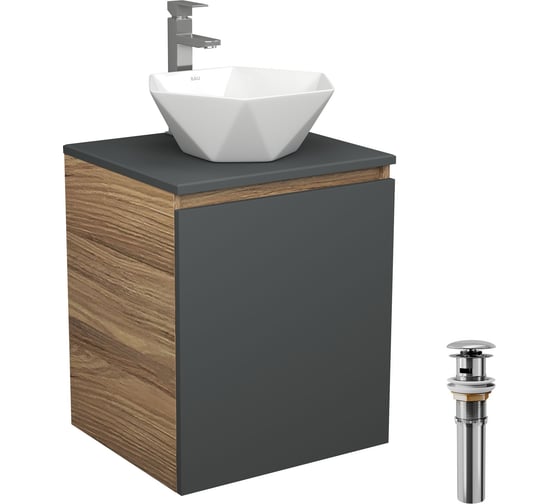 Изображение товара Тумба Bauedge Bau Dream Blackwood 50 графит, раковина BAU Crystal 40х40, смеситель для раковины высокий Hotel Still, нержавеющая сталь, выпуск клик-клак, хром SD4097