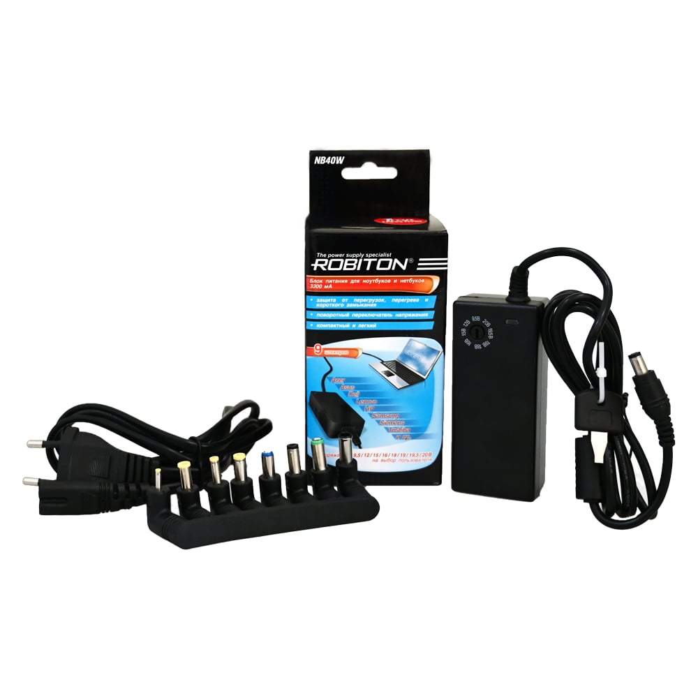 Изображение товара Адаптер питания ROBITON NB90W BL1 с 8 штекерами, 90 Вт, переключатель напряжения
