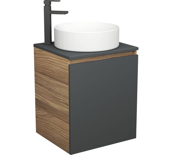 Изображение товара Тумба Bauedge Bau Dream Blackwood 50 графит, раковина BAU Dream круглая, смеситель для раковины высокий Hotel Black, черный SD4050