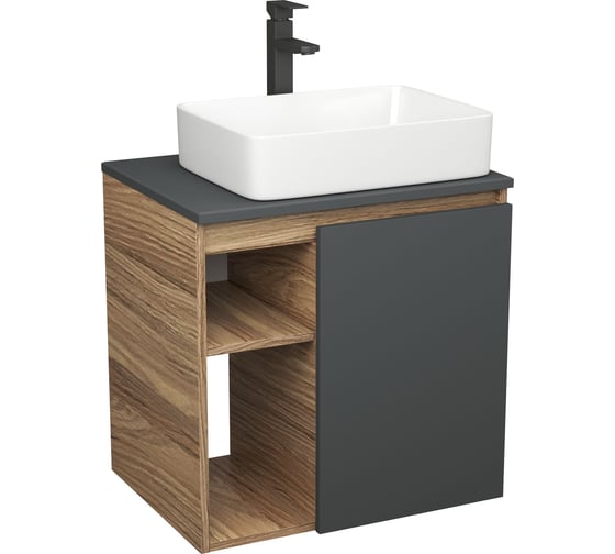 Изображение товара Тумба Bauedge Bau Dream Blackwood 60 правая, графит, раковина BAU Hotel 48х37, смеситель для раковины высокий Hotel Black черный SD4220