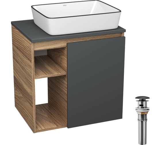 Изображение товара Тумба Bauedge Bau Dream Blackwood 60 правая, графит, раковина BAU Hotel Black Rand 48х37, выпуск клик клак черный SD4246