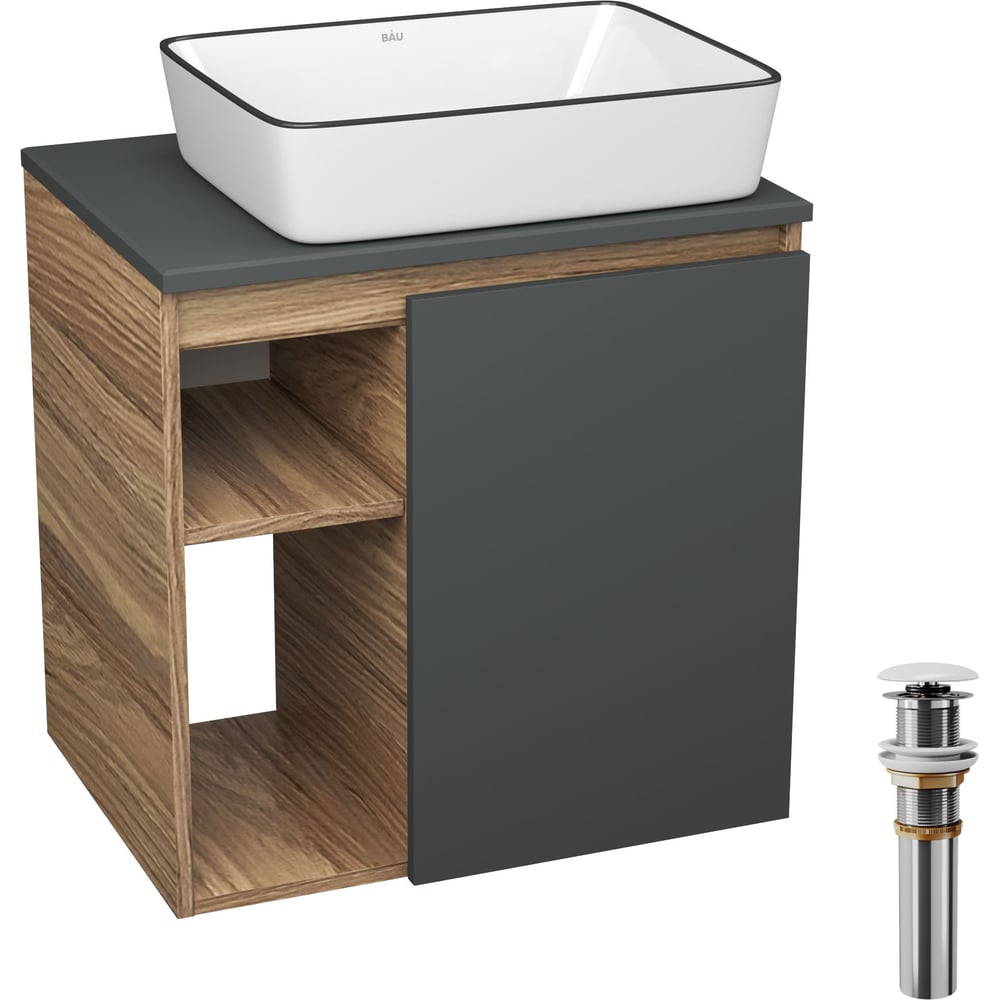 Изображение товара Тумба Bauedge Bau Dream Blackwood 60 правая, графит, раковина BAU Hotel Black Rand 48х37, выпуск клик клак белый SD4245