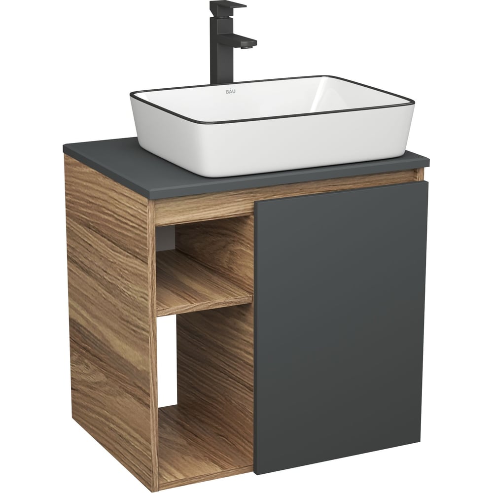 Изображение товара Тумба с раковиной Bauedge Bau Dream Blackwood 60 правая графит + смеситель Hotel Black