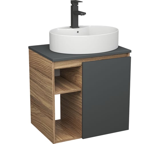 Изображение товара Тумба Bauedge Bau Dream Blackwood 60 правая, графит, раковина BAU Nimb 51х41 белая, смеситель Hotel Black черный SD4341