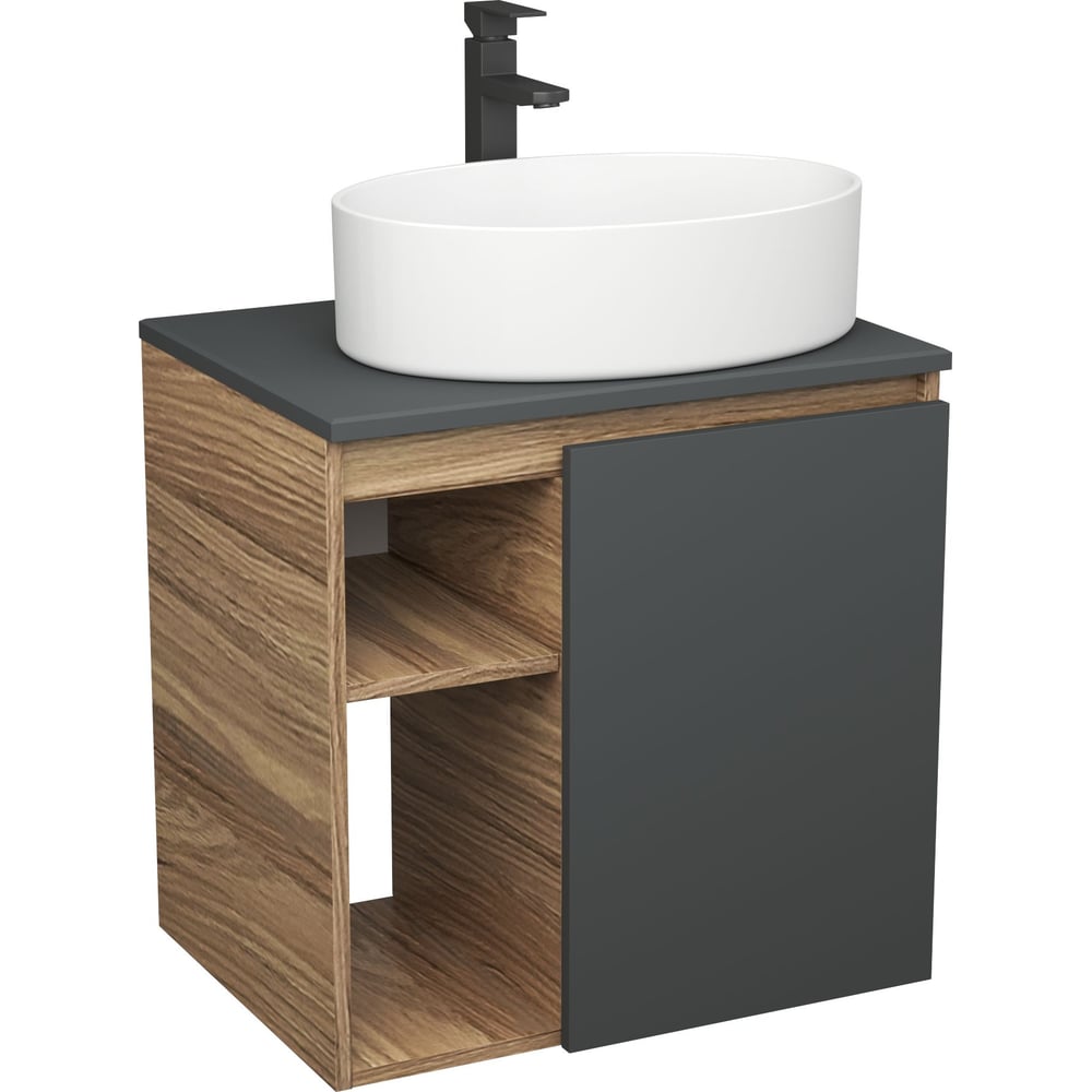 Изображение товара Тумба Bauedge Dream Blackwood 60 правая с раковиной BAU Nimb 50х36 и смесителем Hotel Black