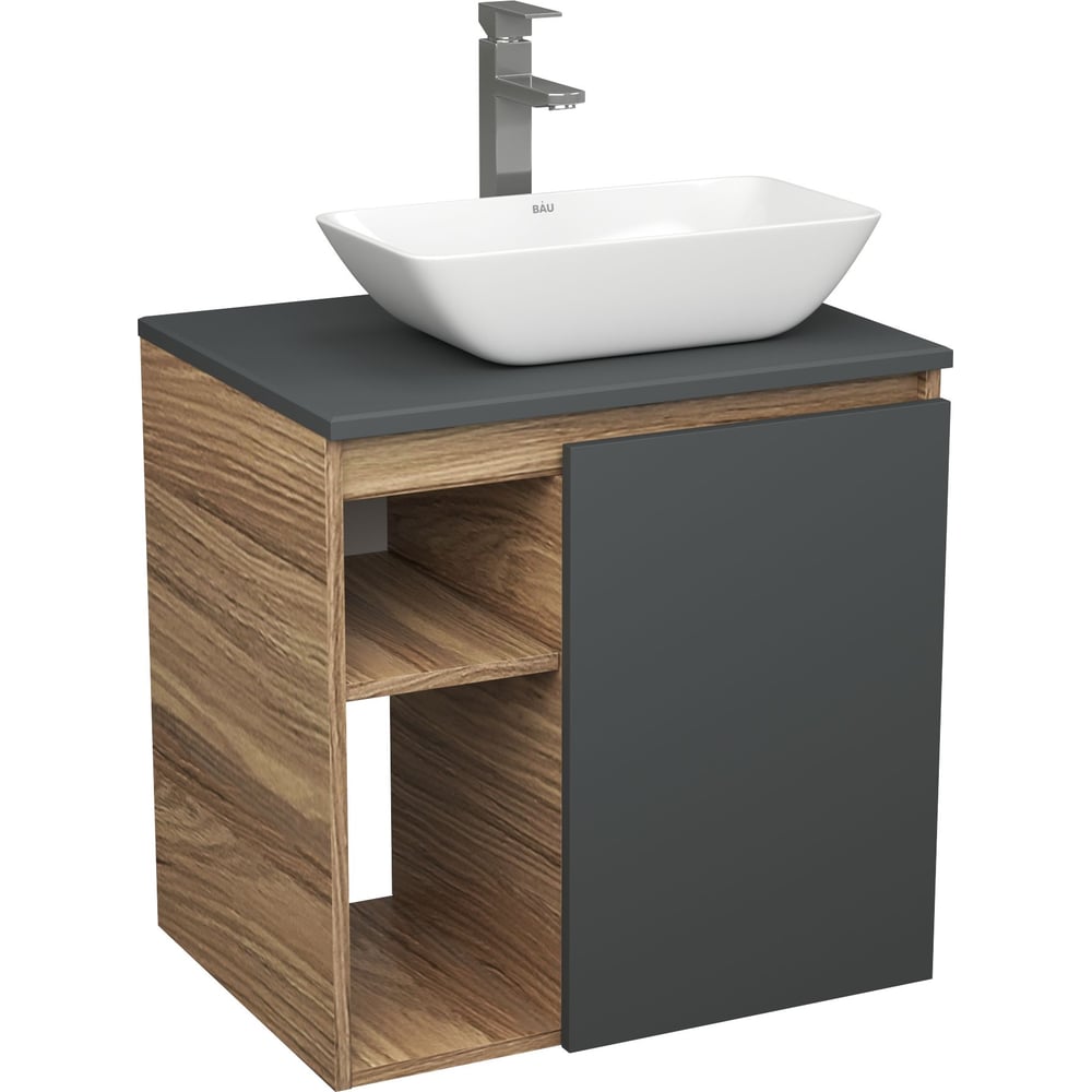 Изображение товара Тумба Bauedge Bau Dream Blackwood 60 правая, графит, раковина BAU Spectrum mini 47х24 смеситель для раковины высокий Hotel Still, нержавеющая сталь SD4212 Изображение товара Тумба Bauedge Bau Dream Blackwood 60 правая, графит, раковина BAU Spectrum mini 47х24 смеситель для раковины высокий Hotel Still, нержавеющая сталь SD4212