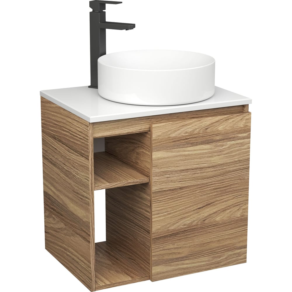 Изображение товара Тумба для ванной Bauedge Bau Dream Blackwood 60 правая с раковиной круглая D41 и смесителем