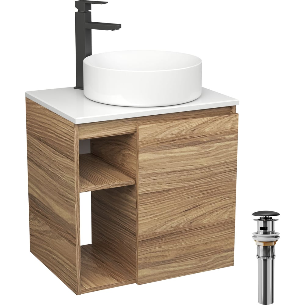 Изображение товара Тумба Bauedge Bau Dream Blackwood 60 правая, раковина BAU Dream круглая D41, смеситель для раковины высокий Hotel Black, черный, выпуск клик клак черный SD3242