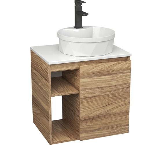 Изображение товара Тумба Bauedge Bau Dream Blackwood 60 правая, раковина BAU Element Cristal D40, белая, смеситель Hotel Black черный SD3327