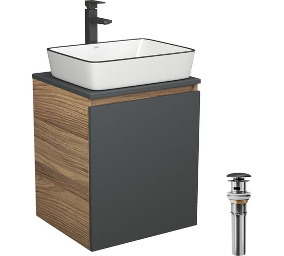 Изображение товара Тумба Bauedge Bau Dream Blackwood 50 графит, раковина Hotel Black Rand 48х37, смеситель для раковины высокий, черный, выпуск клик-клак SD4063