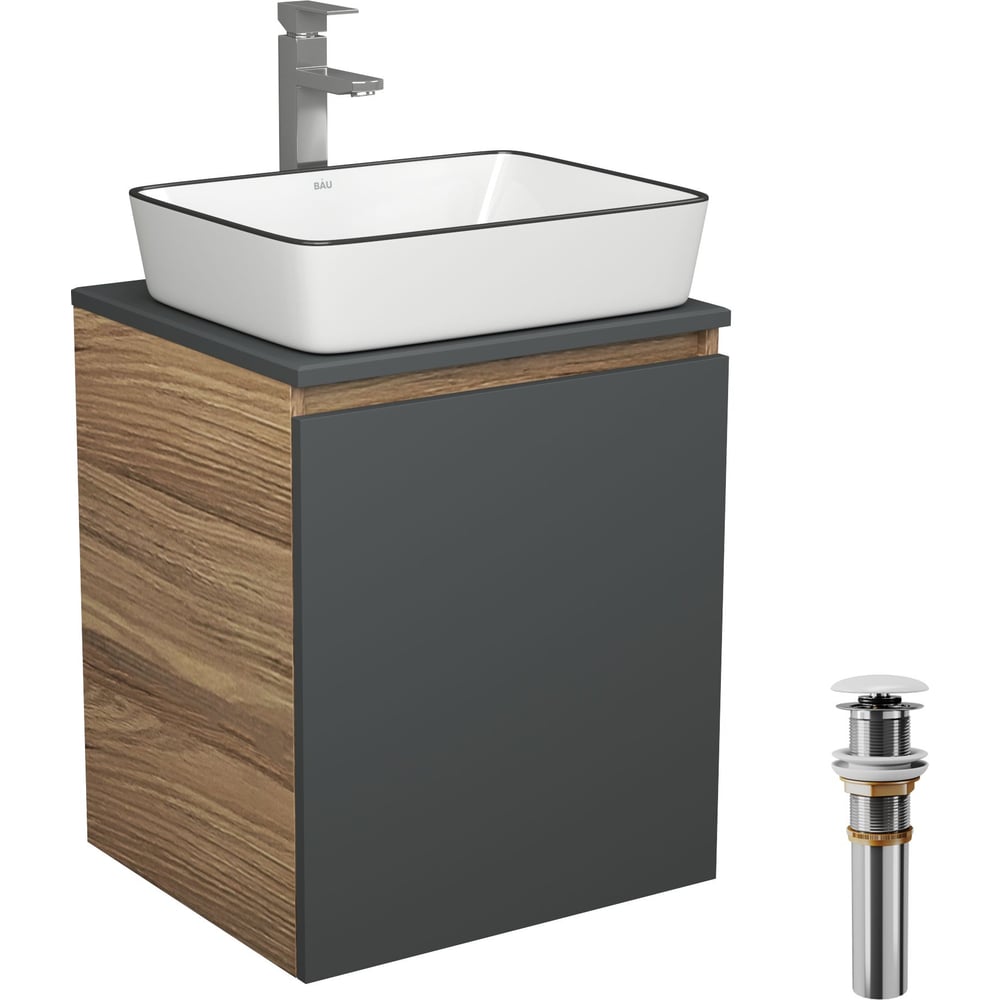 Изображение товара Тумба Bauedge Bau Dream Blackwood 50 графит, раковина BAU Hotel Black Rand 48х37, смеситель для раковины высокий Hotel Still, нержавеющая сталь, выпуск клик-клак, белый SD4062