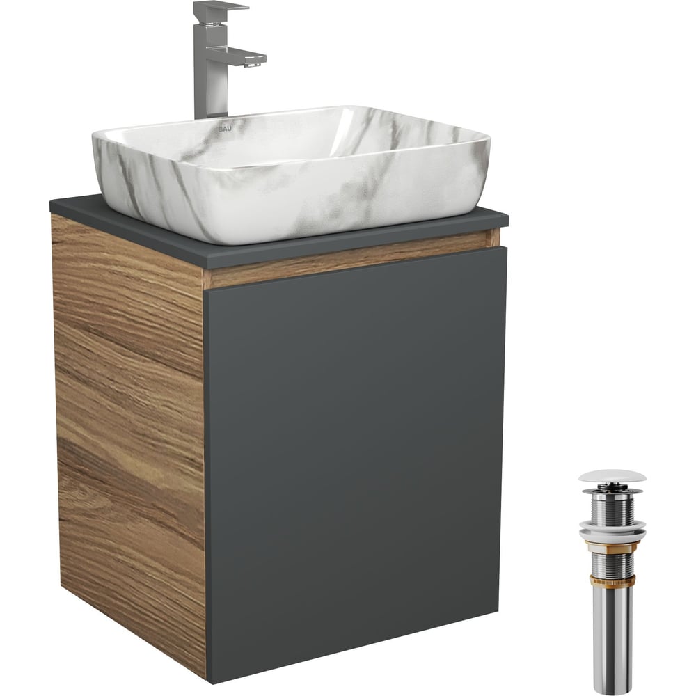 Изображение товара Тумба Bauedge Bau Dream Blackwood 50 графит с раковиной из мрамора и смесителем Hotel Still