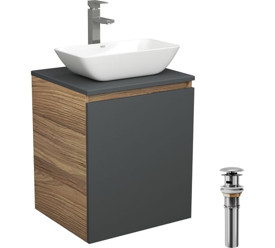 Изображение товара Тумба Bauedge Bau Dream Blackwood 50 графит, раковина BAU Spectrum mini 47х24, смеситель для раковины высокий Hotel Still, нержавеющая сталь, выпуск клик-клак, хром SD4025