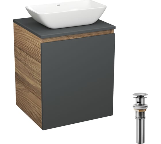 Изображение товара Тумба Bauedge Bau Dream Blackwood 50 графит, раковина BAU Spectrum mini 47х24, выпуск клик-клак, хром SD4020