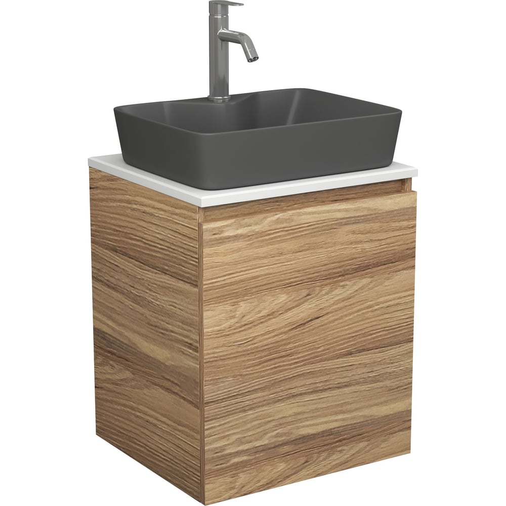 Тумба Bauedge Bau Dream Blackwood 50 с дверцей, раковина BAU Cerama 48х37 темно-серая матовая, смеситель Hotel Dream, нерж. сталь SD3182