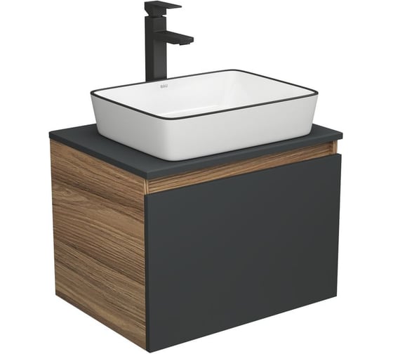 Изображение товара Комплект для ванной Bauedge 3 предмета (тумба Bau Dream 60, графит + раковина санфаянс накладная BAU Hotel Black Rand 48х37, смеситель высокий Hotel Black) BD2038