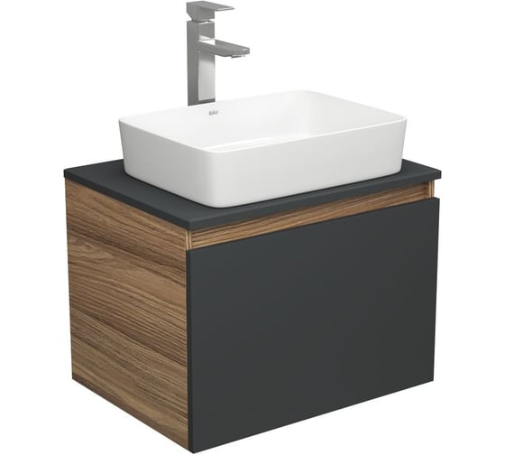 Изображение товара Комплект для ванной Bauedge 3 предмета (тумба Bau Dream 60, графит + раковина санфаянс накладная BAU Hotel 48х37, смеситель высокий Hotel Still) BD1977