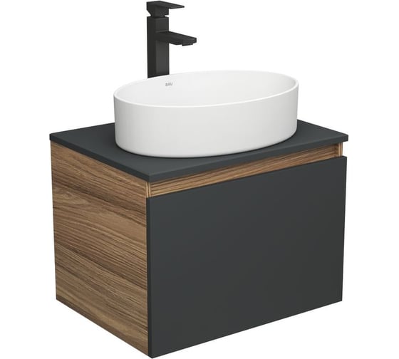 Изображение товара Комплект для ванной Bauedge 3 предмета (тумба Bau Dream 60, графит + раковина санфаянс накладная BAU Nimb 50х36, смеситель высокий Hotel Black) BD1998