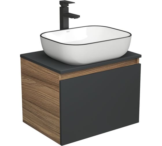 Изображение товара Комплект для ванной Bauedge 3 предмета (тумба Bau Dream 60, графит + раковина санфаянс накладная BAU Stil Black Rand 50х40, смеситель высокий Hotel Black) BD2048