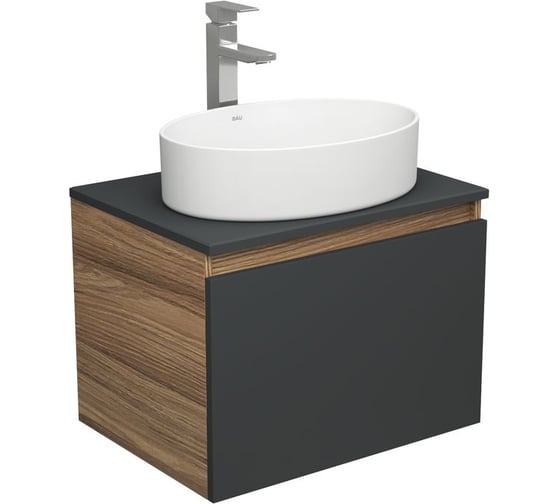 Изображение товара Комплект для ванной Bauedge 3 предмета (тумба Bau Dream 60, графит + раковина санфаянс накладная BAU Nimb 50х36, смеситель высокий Hotel Still) BD1997