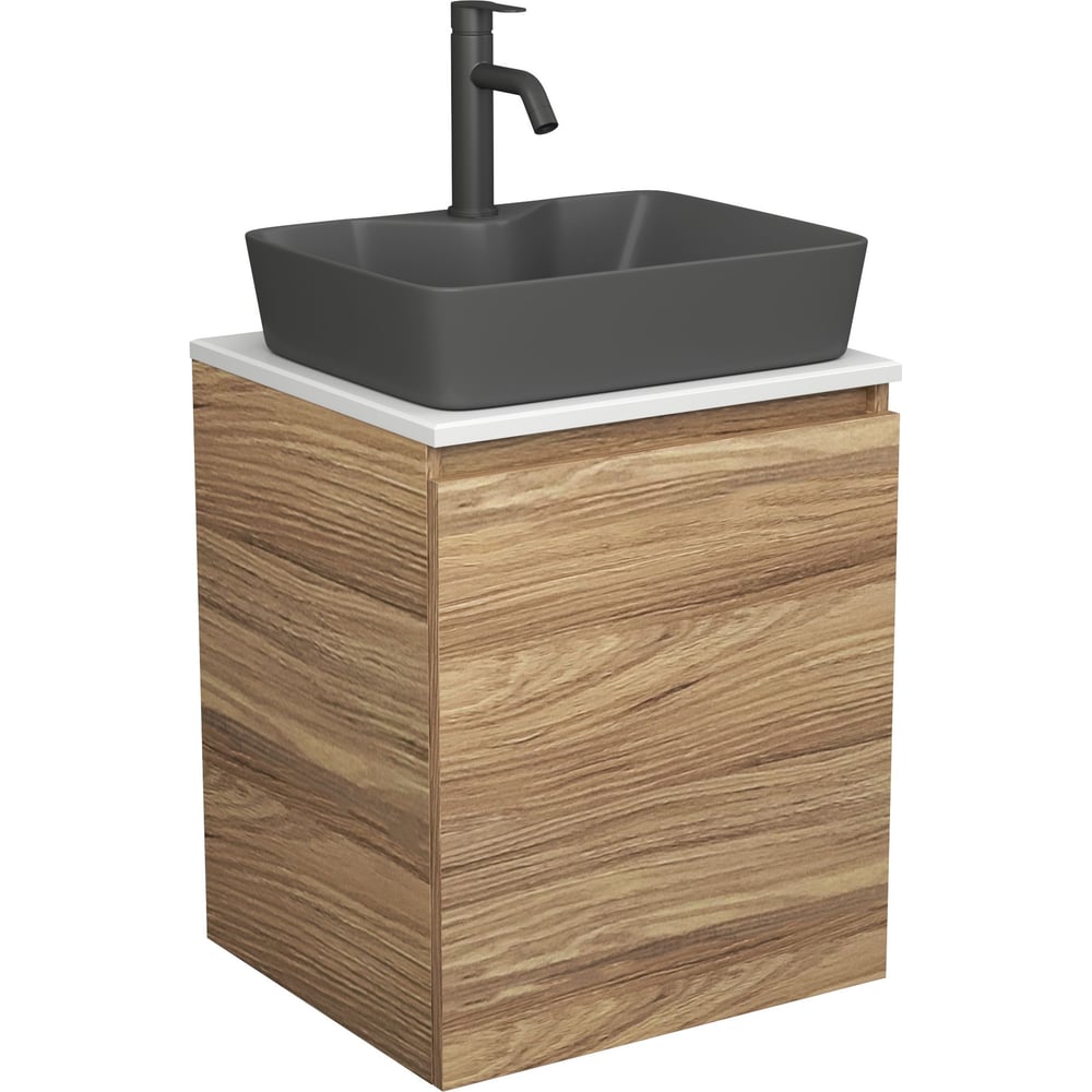 Тумба Bauedge Bau Dream Blackwood 50 с дверцей, раковина BAU Cerama 48х37 темно-серая матовая, смеситель Hotel Dream Black, нерж. сталь, черный SD3183