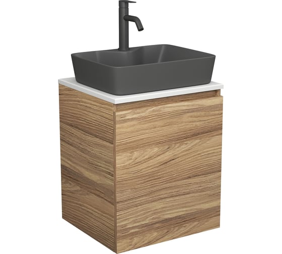 Изображение товара Тумба Bauedge Bau Dream Blackwood 50 с дверцей, раковина BAU Cerama 48х37 темно-серая матовая, смеситель Hotel Dream Black, нерж. сталь, черный SD3183