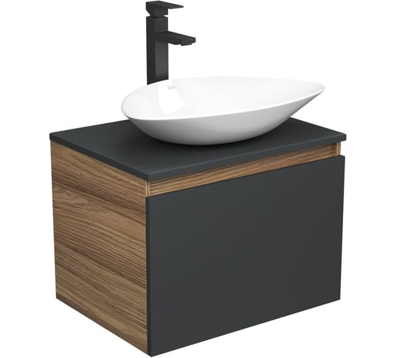 Изображение товара Комплект для ванной Bauedge 3 предмета (тумба Bau Dream 60, графит + раковина санфаянс накладная BAU Triangle 59х39, смеситель высокий Hotel Black) BD1988