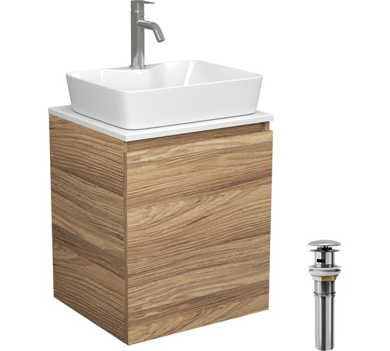 Изображение товара Тумба Bauedge Bau Dream Blackwood 50 с дверцей, раковина BAU Cerama 48х37 белая, смеситель Hotel Dream, нерж. сталь, выпуск клик-клак, хром SD3176