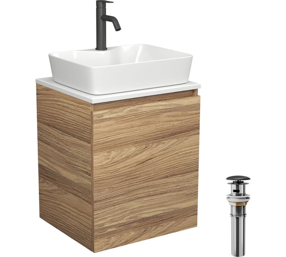 Изображение товара Тумба Bauedge Bau Dream Blackwood 50 с дверцей, раковина BAU Cerama 48х37 белая, смеситель Hotel Dream Black, нерж. сталь, черный, выпуск клик-клак черный SD3178