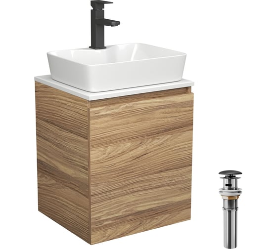 Изображение товара Тумба Bauedge Bau Dream Blackwood 50 с дверцей, раковина BAU Cerama 48х37 белая, смеситель Hotel Black, черный, выпуск клик-клак черный SD3175