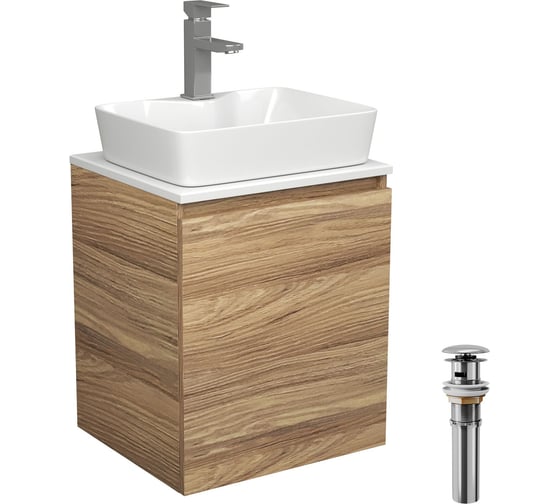 Изображение товара Тумба Bauedge Bau Dream Blackwood 50 с дверцей, раковина BAU Cerama 48х37 белая, смеситель Hotel Still, нерж. сталь, выпуск клик-клак, хром SD3173