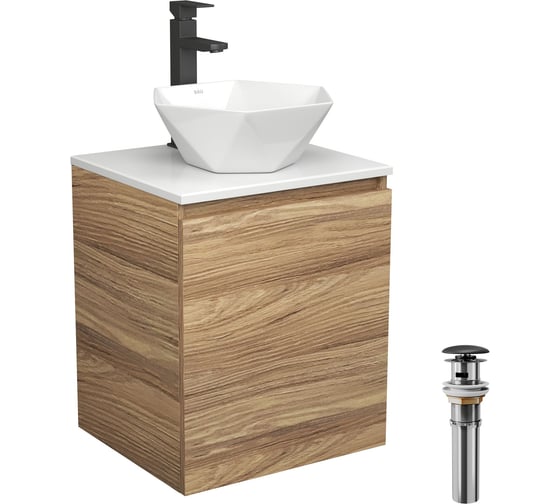 Изображение товара Тумба Bauedge Bau Dream Blackwood 50 с дверцей, раковина BAU Crystal 40х40, смеситель для раковины высокий Hotel Black, черный, выпуск клик-клак, черный SD3099