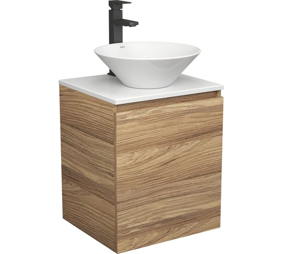 Изображение товара Тумба Bauedge Bau Dream Blackwood 50 с дверцей, раковина BAU Dream D43, смеситель для раковины высокий Hotel Black, черный SD3068