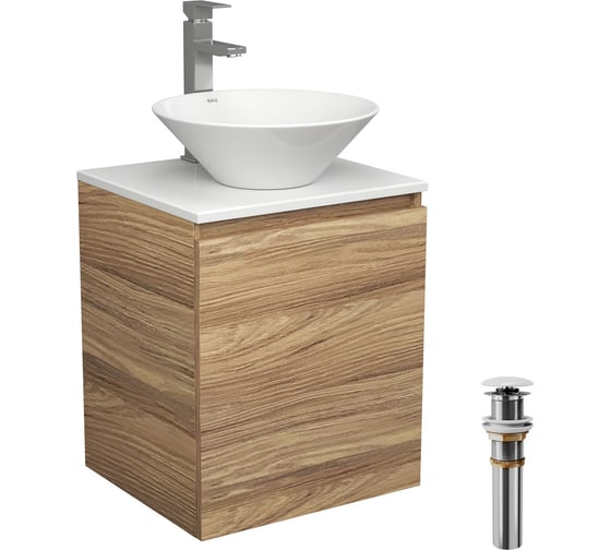 Изображение товара Тумба Bauedge Bau Dream Blackwood 50 с дверцей, раковина BAU Dream D43, смеситель для раковины высокий Hotel Still, нержавеющая сталь, выпуск клик-клак, белый SD3071