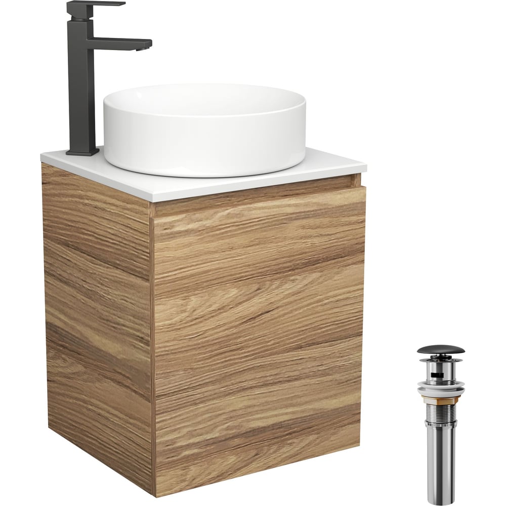 Изображение товара Тумба Bauedge Bau Dream Blackwood 50 с дверцей, раковина BAU Dream круглая, смеситель для раковины высокий Hotel Black, черный, выпуск клик-клак, черный SD3054