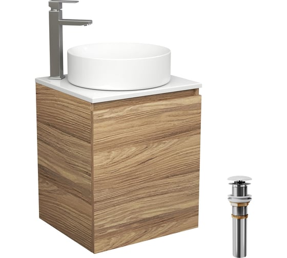 Изображение товара Тумба Bauedge Bau Dream Blackwood 50 с дверцей, раковина BAU Dream круглая, смеситель для раковины высокий Hotel Still, нержавеющая сталь, выпуск клик-клак, белый SD3053