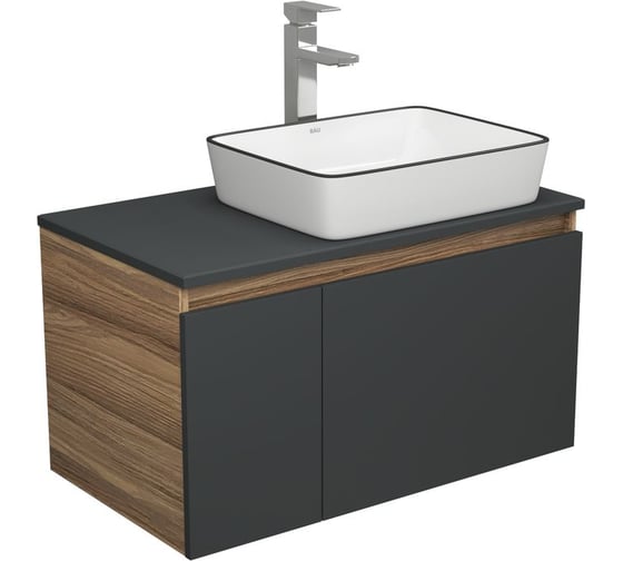 Изображение товара Комплект для ванной Bauedge 3 предмета (тумба Bau Dream 80, графит + раковина санфаянс накладная BAU Hotel Black Rand 48х37, смеситель высокий Hotel Still) BD2215