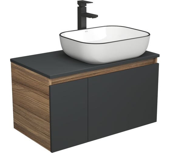 Изображение товара Комплект для ванной Bauedge 3 предмета (тумба Bau Dream 80, графит + раковина санфаянс накладная BAU Stil Black Rand 50х40, смеситель высокий Hotel Black) BD2226