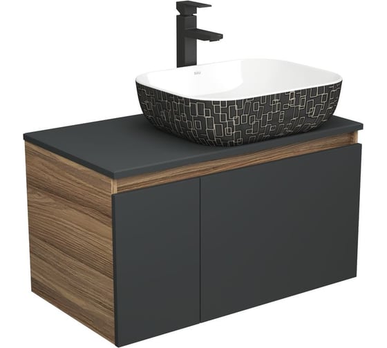 Изображение товара Комплект для ванной Bauedge 3 предмета (тумба Bau Dream 80, графит + раковина санфаянс накладная BAU Stil Black White 50х40, смеситель высокий Hotel Black) BD2236