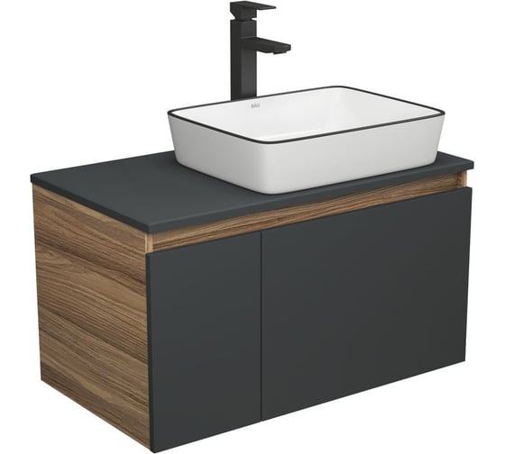 Изображение товара Комплект для ванной Bauedge 3 предмета (тумба Bau Dream 80, графит + раковина санфаянс накладная BAU Hotel Black Rand 48х37, смеситель высокий Hotel Black) BD2216