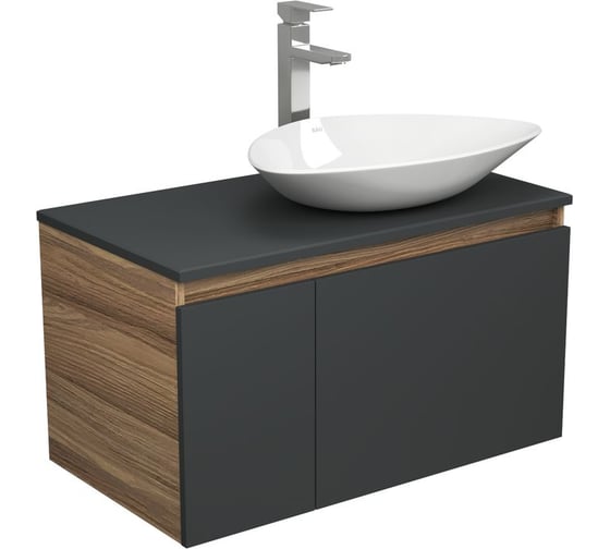 Изображение товара Комплект для ванной Bauedge 3 предмета (тумба Bau Dream 80, графит + раковина санфаянс накладная BAU Triangle 59х39, смеситель высокий Hotel Still) BD2165