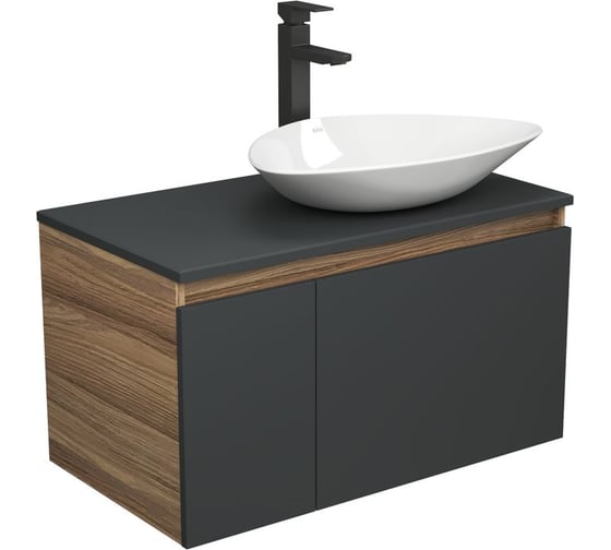 Изображение товара Комплект для ванной Bauedge 3 предмета (тумба Bau Dream 80, графит + раковина санфаянс накладная BAU Triangle 59х39, смеситель высокий Hotel Black) BD2166