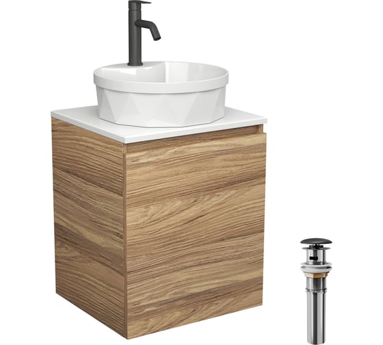 Изображение товара Тумба Bauedge Bau Dream Blackwood 50 с дверцей, раковина BAU Element Cristal D40, белая, смеситель Hotel Dream Black, нерж. сталь, черный, выпуск клик-клак черный SD3150