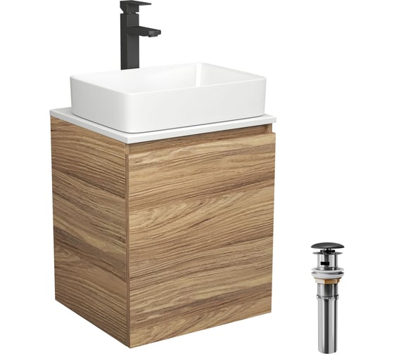 Изображение товара Тумба Bauedge Bau Dream Blackwood 50 с дверцей, раковина BAU Hotel, смеситель для раковины высокий Hotel Black, черный, выпуск клик-клак, черный SD3036