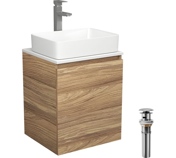 Изображение товара Тумба Bauedge Bau Dream Blackwood 50 с дверцей, раковина BAU Hotel, смеситель для раковины высокий Hotel Still, нержавеющая сталь, выпуск клик-клак, хром SD3034