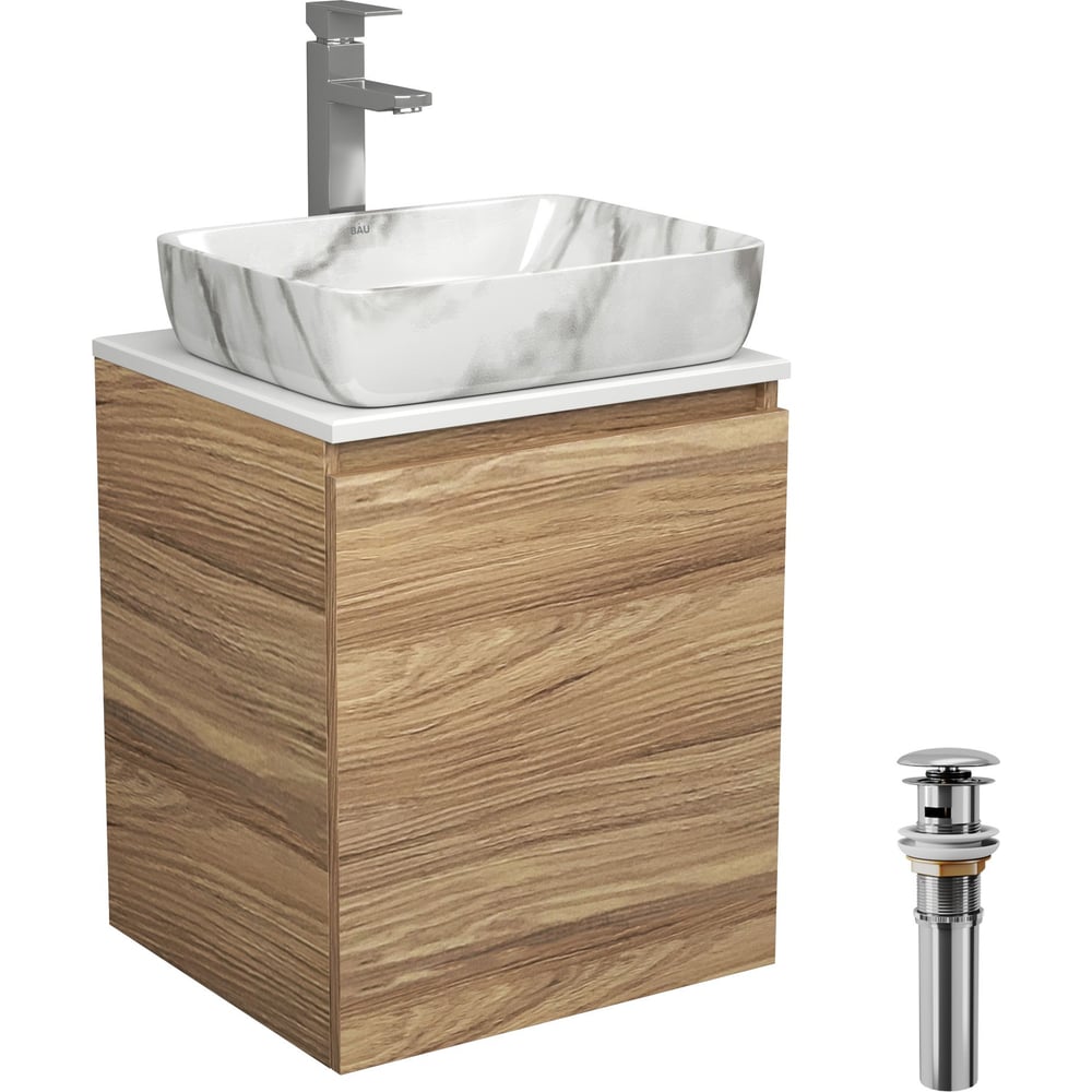 Тумба Bauedge Bau Dream Blackwood 50 с дверцей, раковина BAU Hotel, мрамор, смеситель для раковины высокий Hotel Still, нержавеющая сталь, выпуск клик-клак, хром SD3079