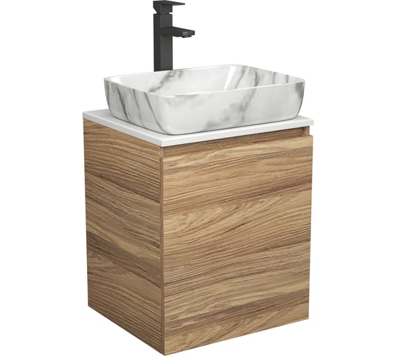 Изображение товара Тумба Bauedge Bau Dream Blackwood 50 с дверцей, раковина BAU Hotel, мрамор, смеситель для раковины высокий Hotel Black, черный SD3077