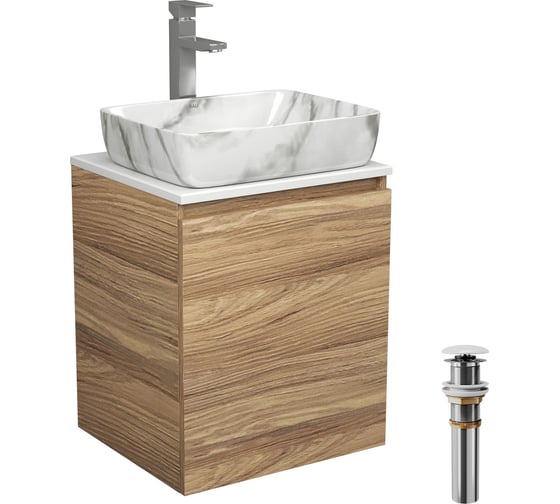 Изображение товара Тумба Bauedge Bau Dream Blackwood 50 с дверцей, раковина BAU Hotel, мрамор, смеситель для раковины высокий Hotel Still, нержавеющая сталь, выпуск клик-клак, белый SD3080